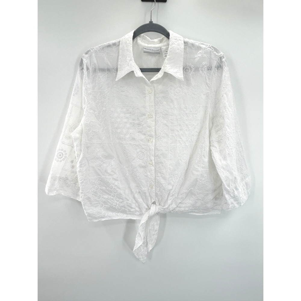 Alfred Dunner White Eyelet Tie Front Blouse Petite 16 Cotton Top Embroidery - Picture 2 of 8